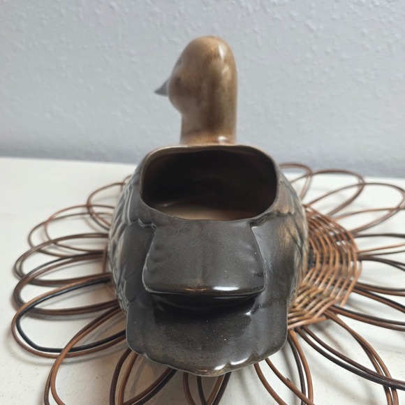 Vintage Ceramic Duck Planter Brown Black Speckled Glaze Rustic Cabin Decor - Picture 9 of 13